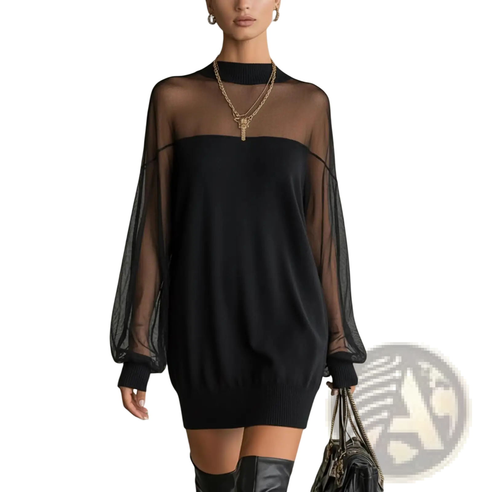 Elegant black sheer mesh patchwork long sleeve mini dress with ribbed cuffs and delicate sheer design