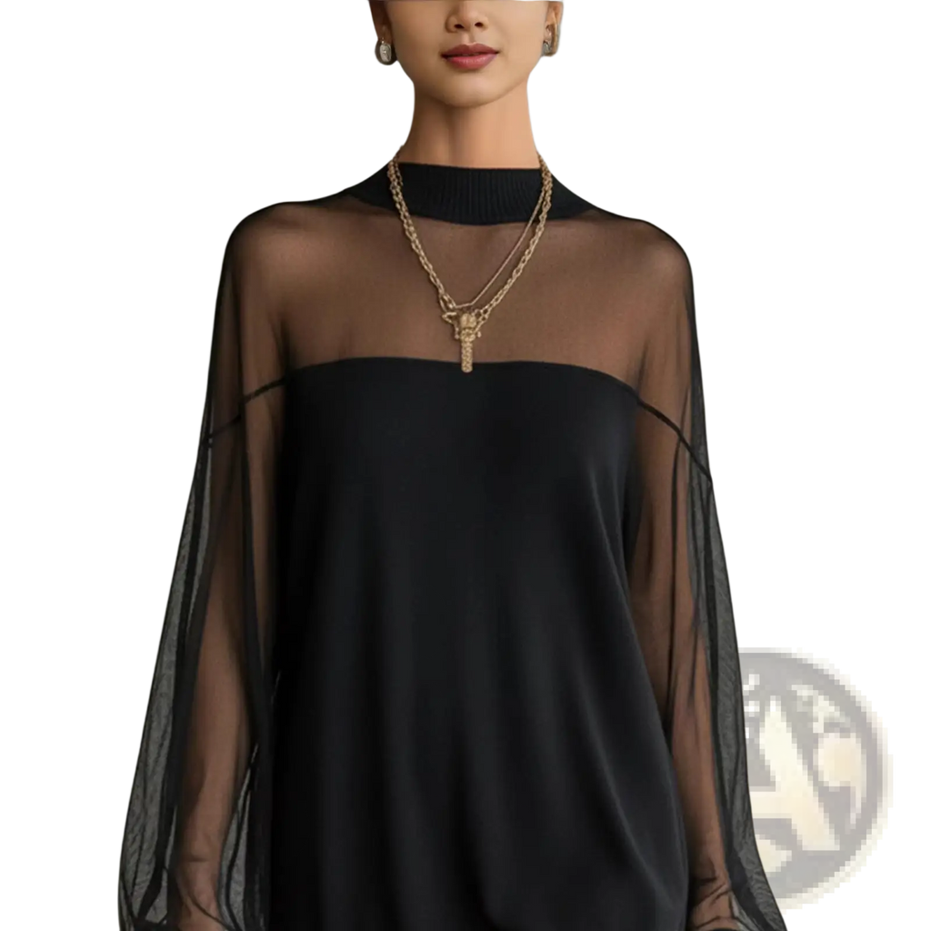 Elegant black mesh patchwork long sleeve mini dress featuring a black sheer chiffon cape over a high neck top
