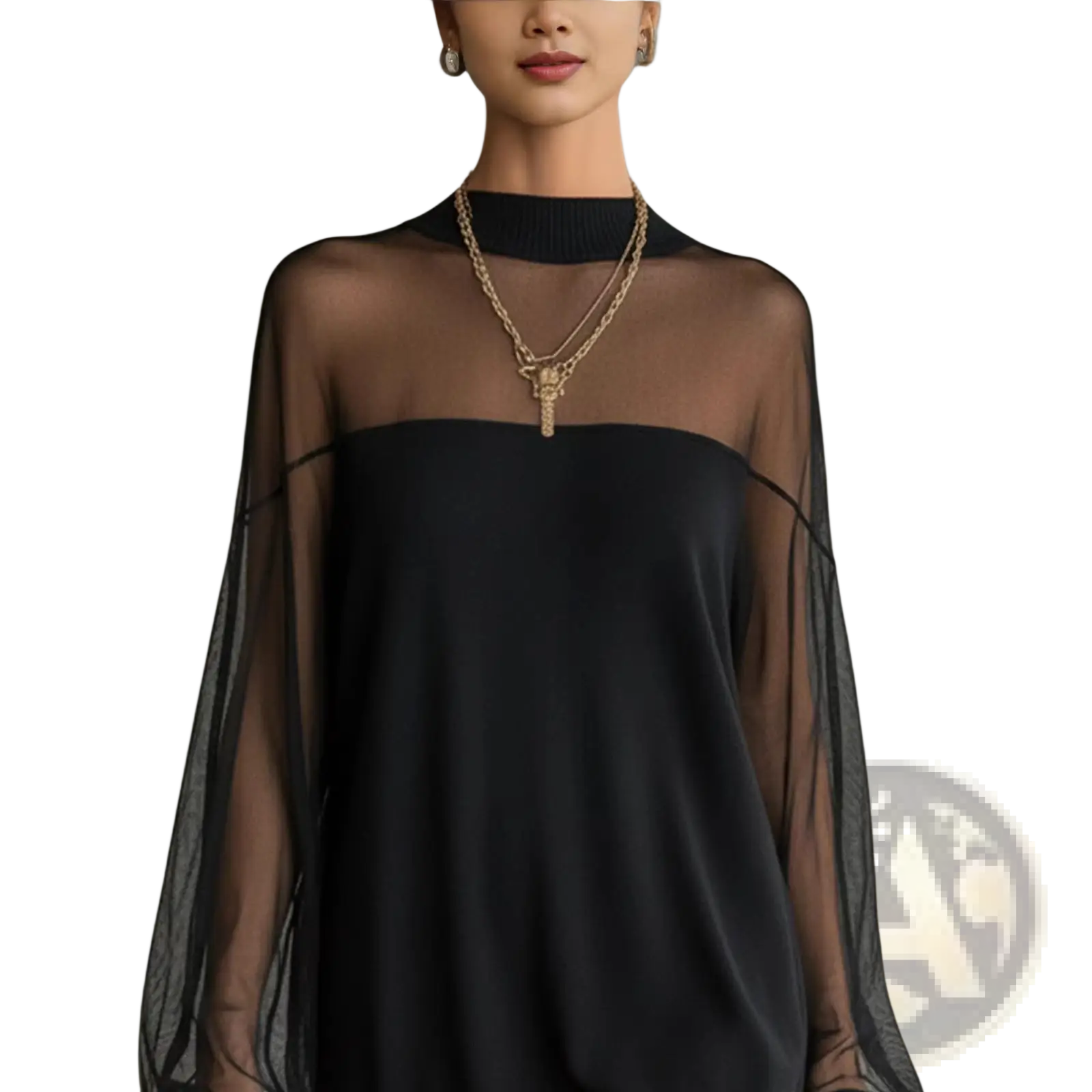 Elegant black mesh patchwork long sleeve mini dress featuring a black sheer chiffon cape over a high neck top