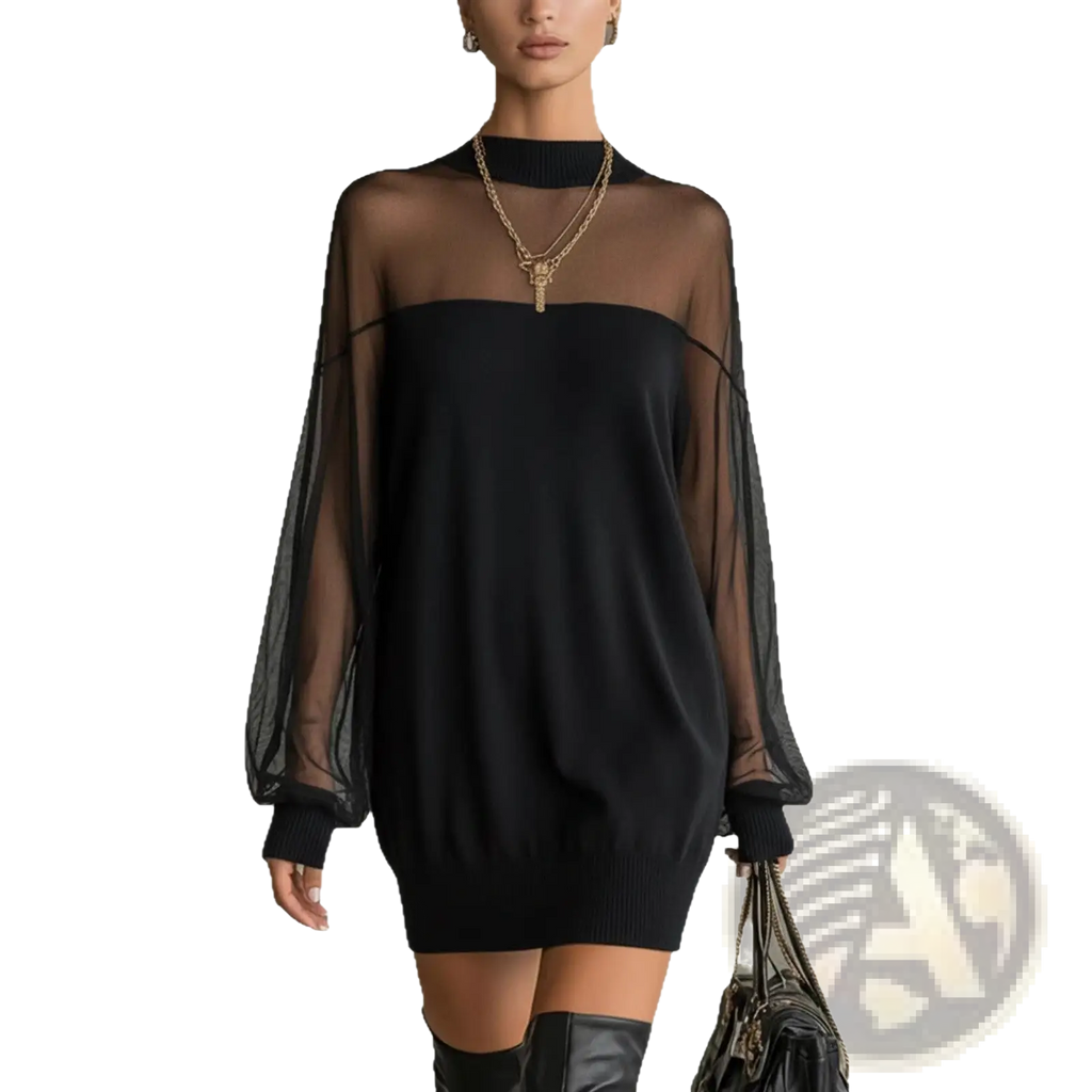 Elegant black mesh patchwork long sleeve mini dress with sheer overlay, high neckline, and solid knit bodice