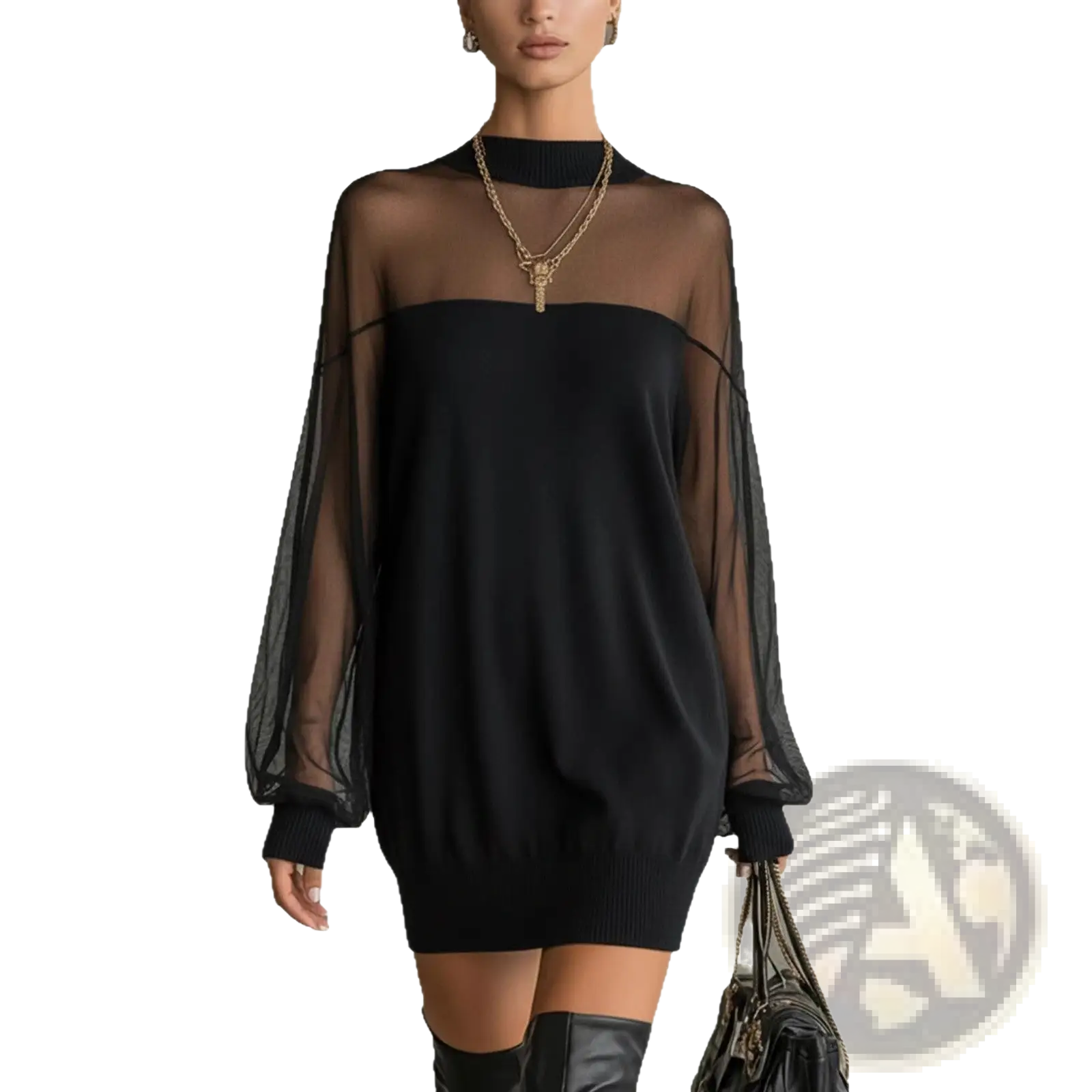 Elegant black mesh patchwork long sleeve mini dress with sheer overlay, high neckline, and solid knit bodice
