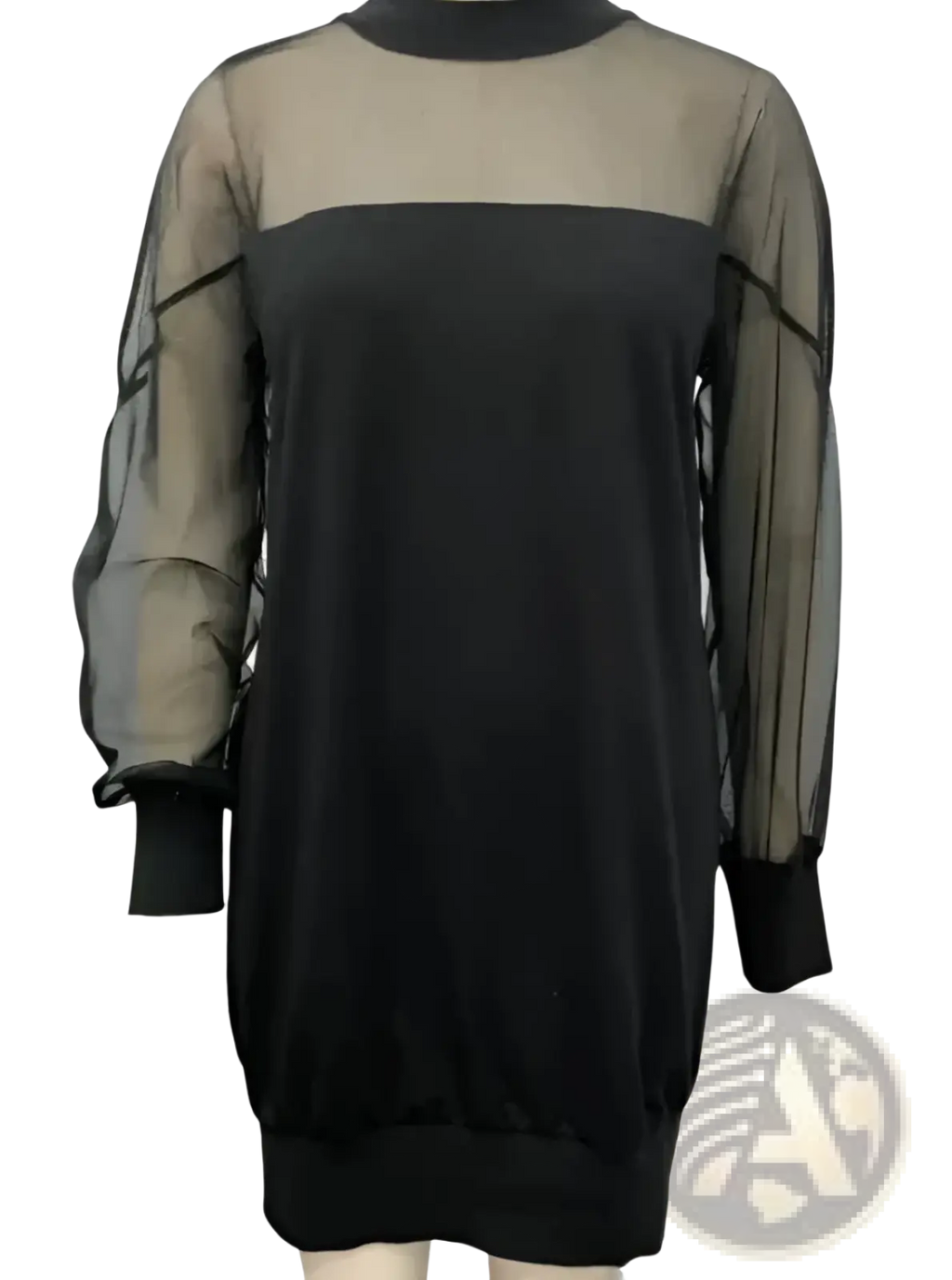Elegant black mesh patchwork long sleeve mini dress featuring sheer translucent sleeves and solid black body