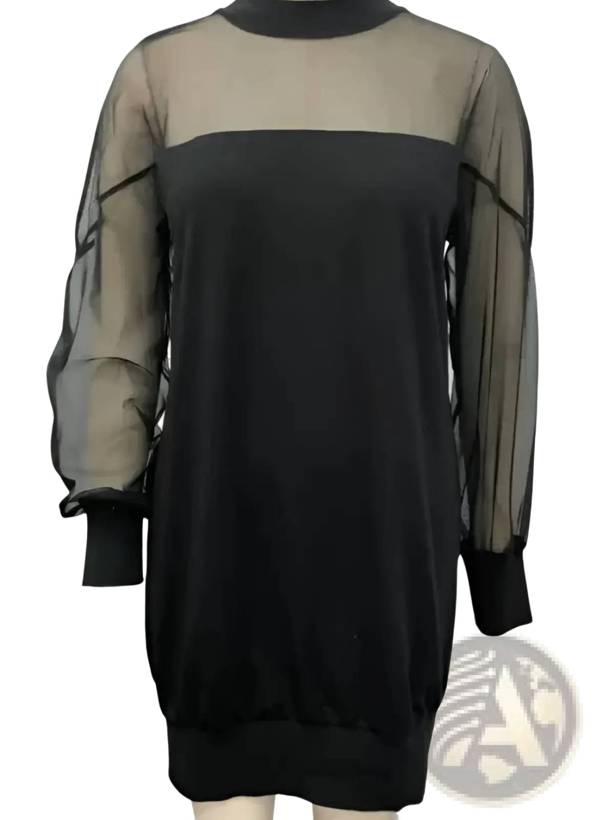 Elegant black mesh patchwork long sleeve mini dress featuring sheer translucent sleeves and solid black body