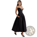 Elegant black strapless flared midi dress with a fitted bodice made of smooth fabric for formal occasions