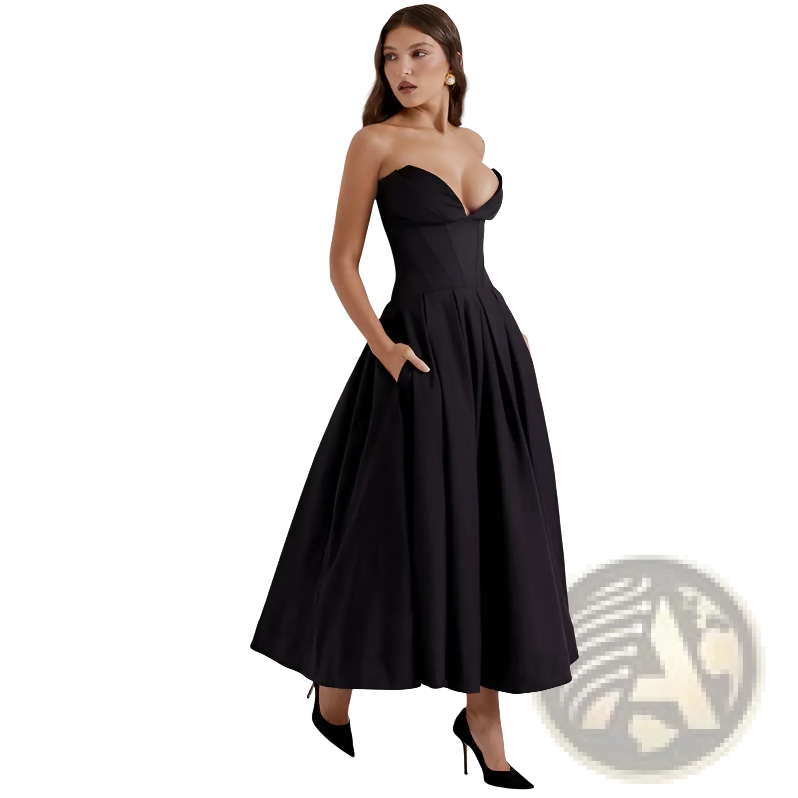 Elegant black strapless flared midi dress with a fitted bodice made of smooth fabric for formal occasions