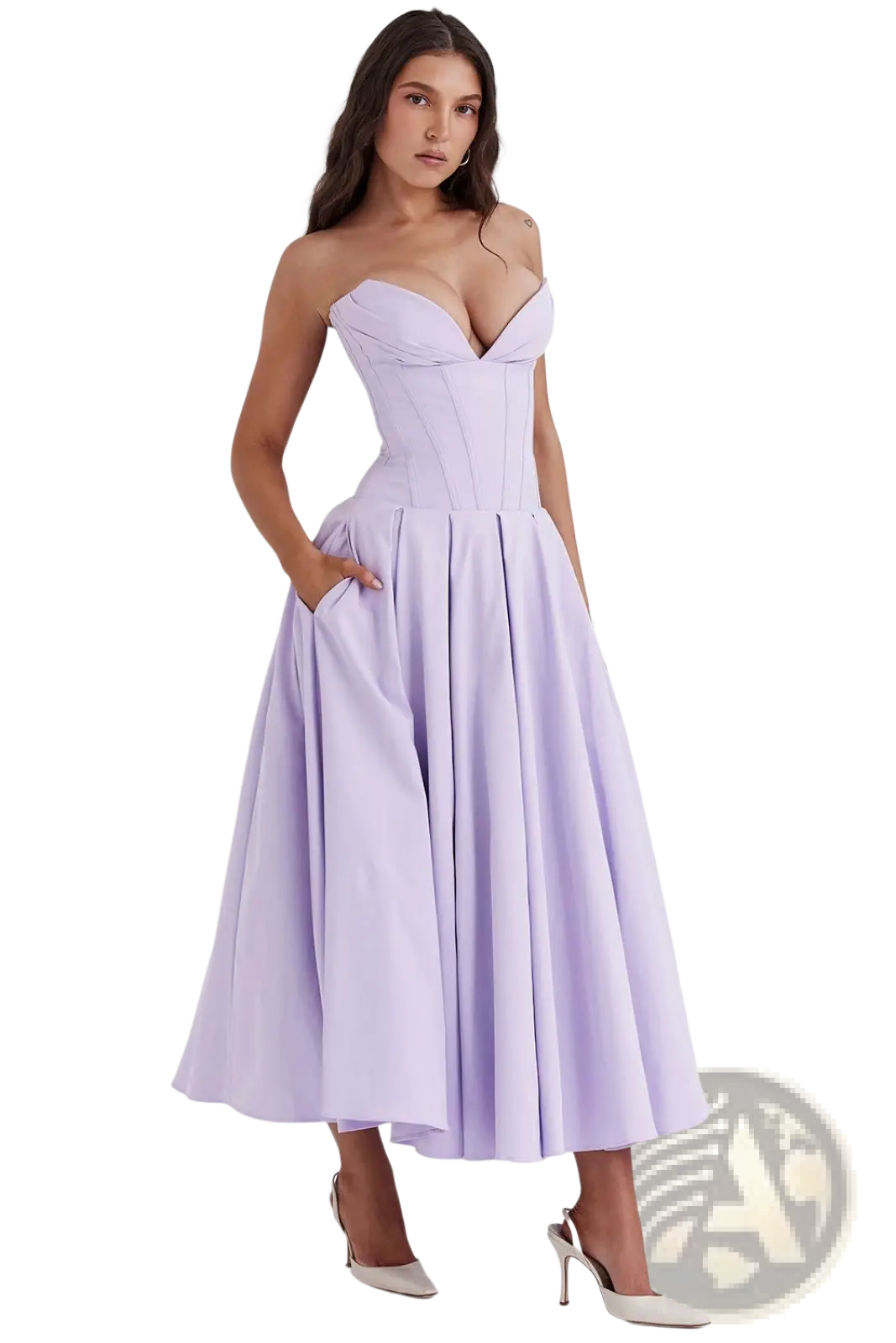 Elegant black strapless flared midi dress with a lavender strapless corset fitted bodice and flared skirt
