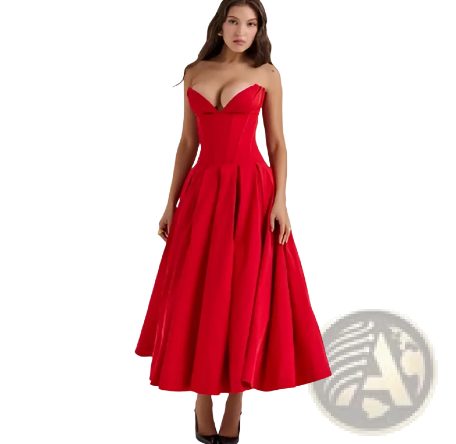 A vibrant red satin strapless gown with a fitted bodice and flared skirt for elegant occasions