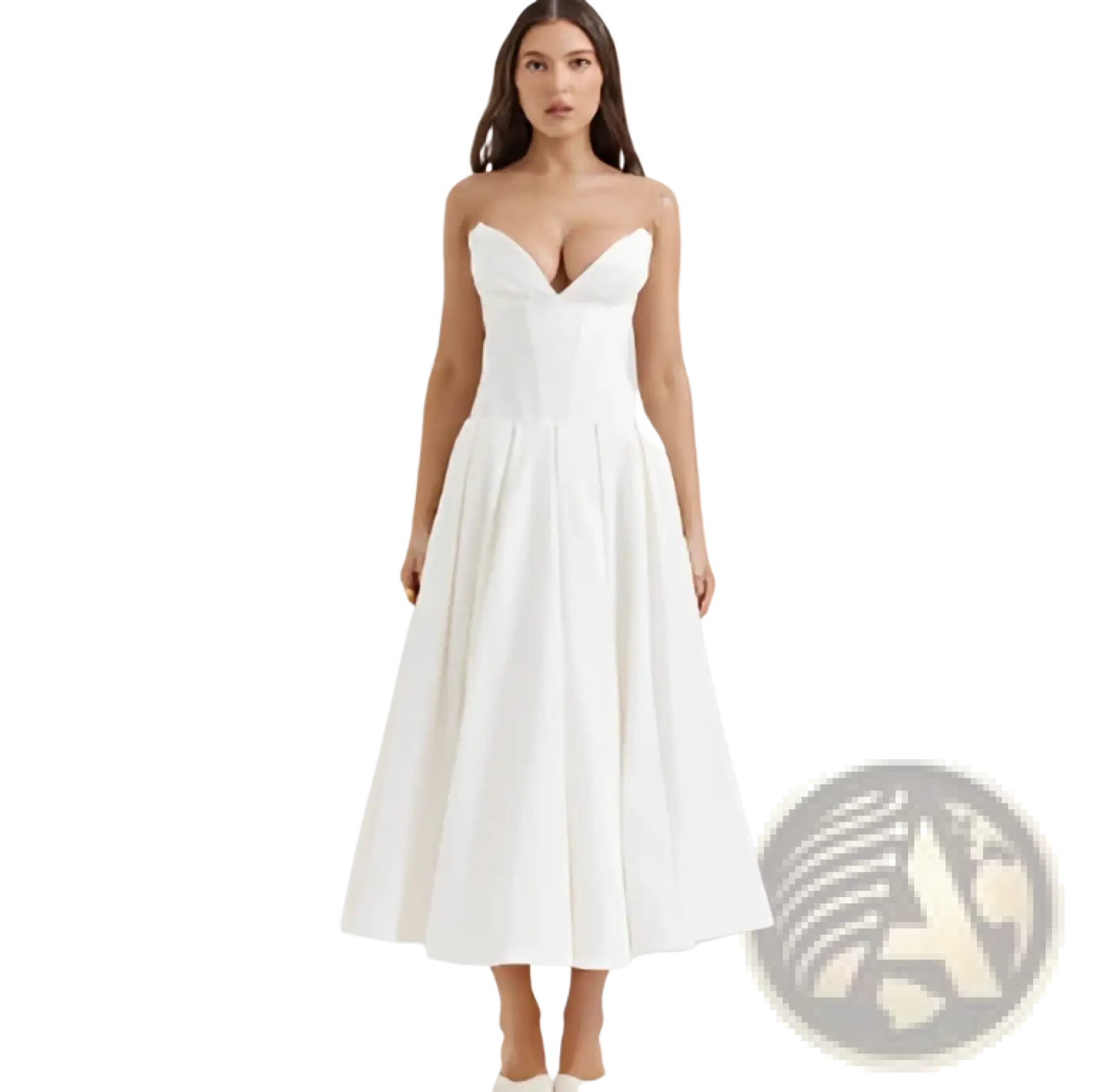 Elegant black strapless flared midi dress featuring a white strapless fitted bodice and flowing skirt
