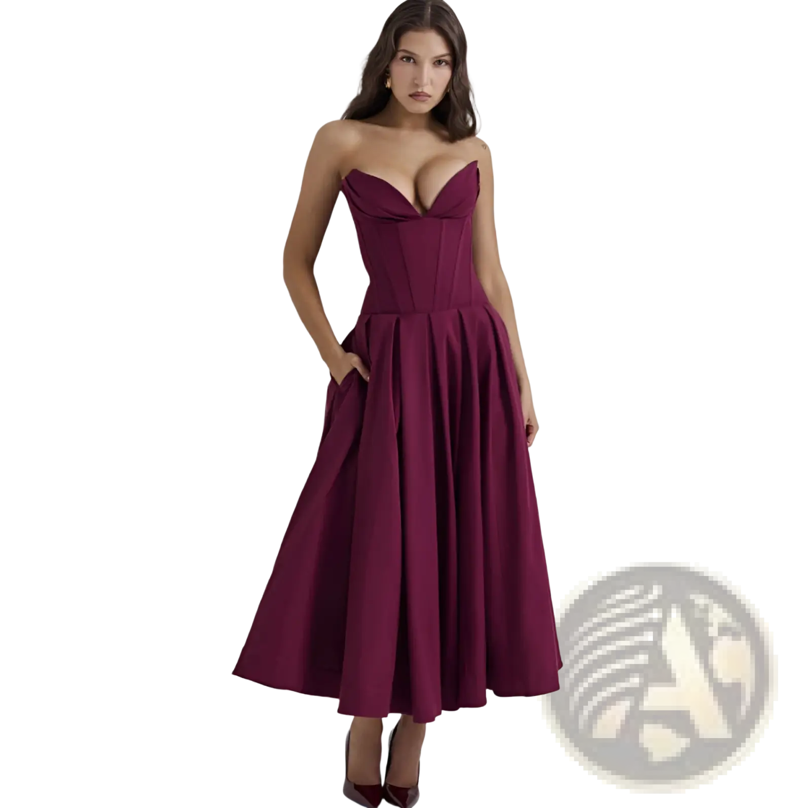 Elegant black strapless flared midi dress with burgundy satin corseted bodice and pleated skirt in front view