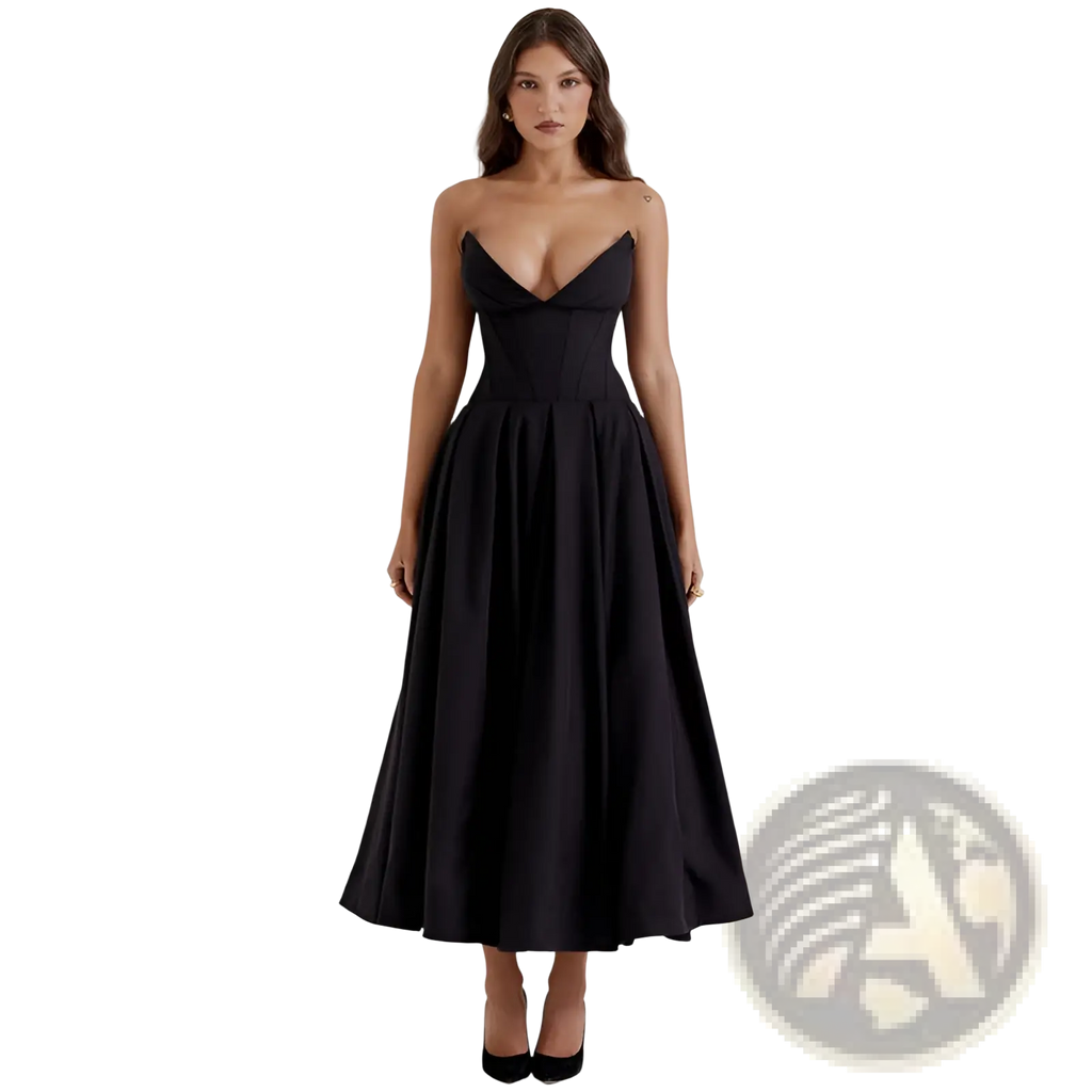 Elegant black strapless midi dress featuring a fitted bodice and flowing skirt in a flared silhouette