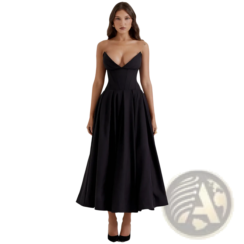Elegant black strapless flared midi dress with a fitted bodice and flowing skirt for formal occasions