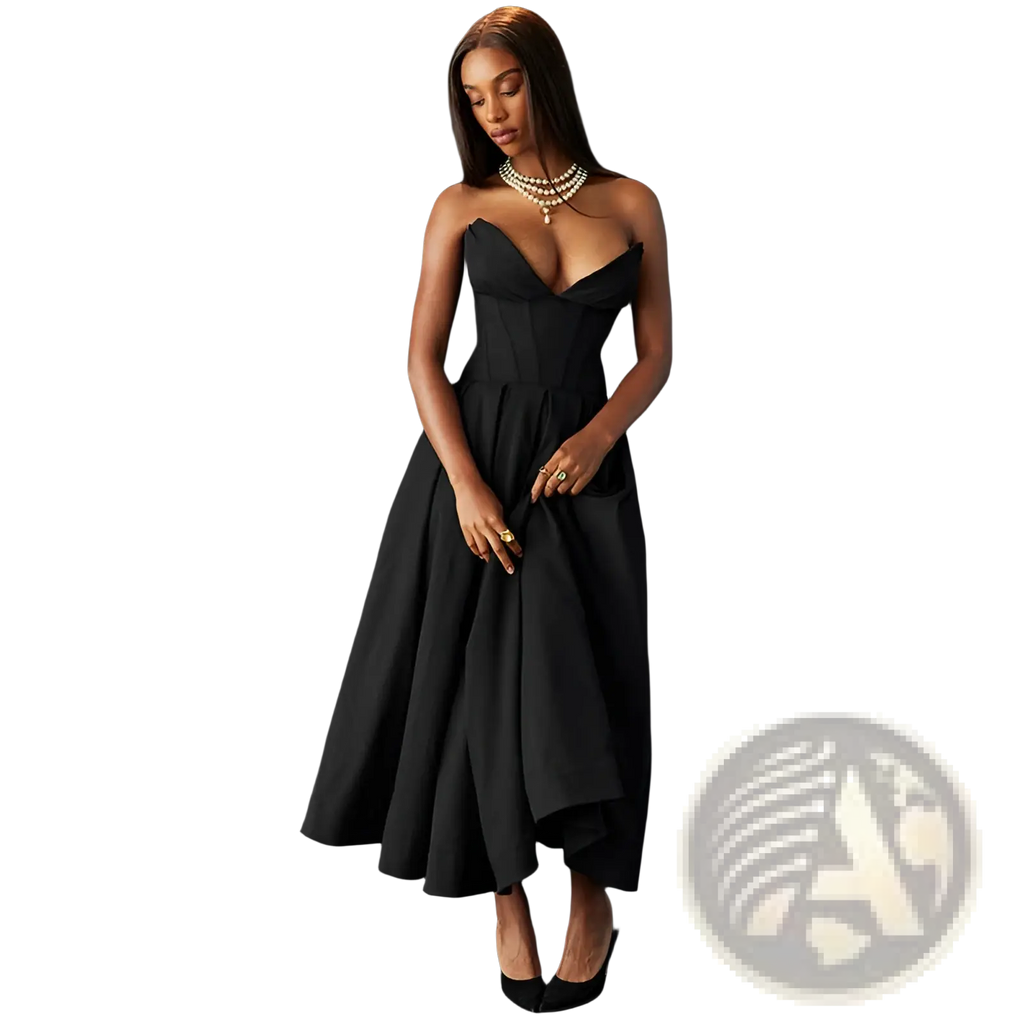 Elegant black strapless midi dress with a fitted bodice and flared skirt perfect for formal occasions