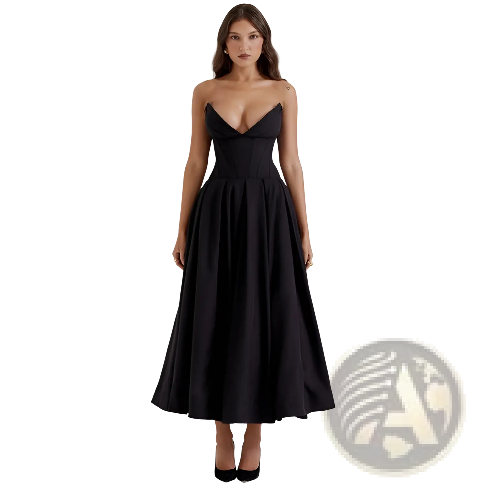 Elegant black strapless flared midi dress with a fitted bodice and flowing skirt suitable for formal occasions