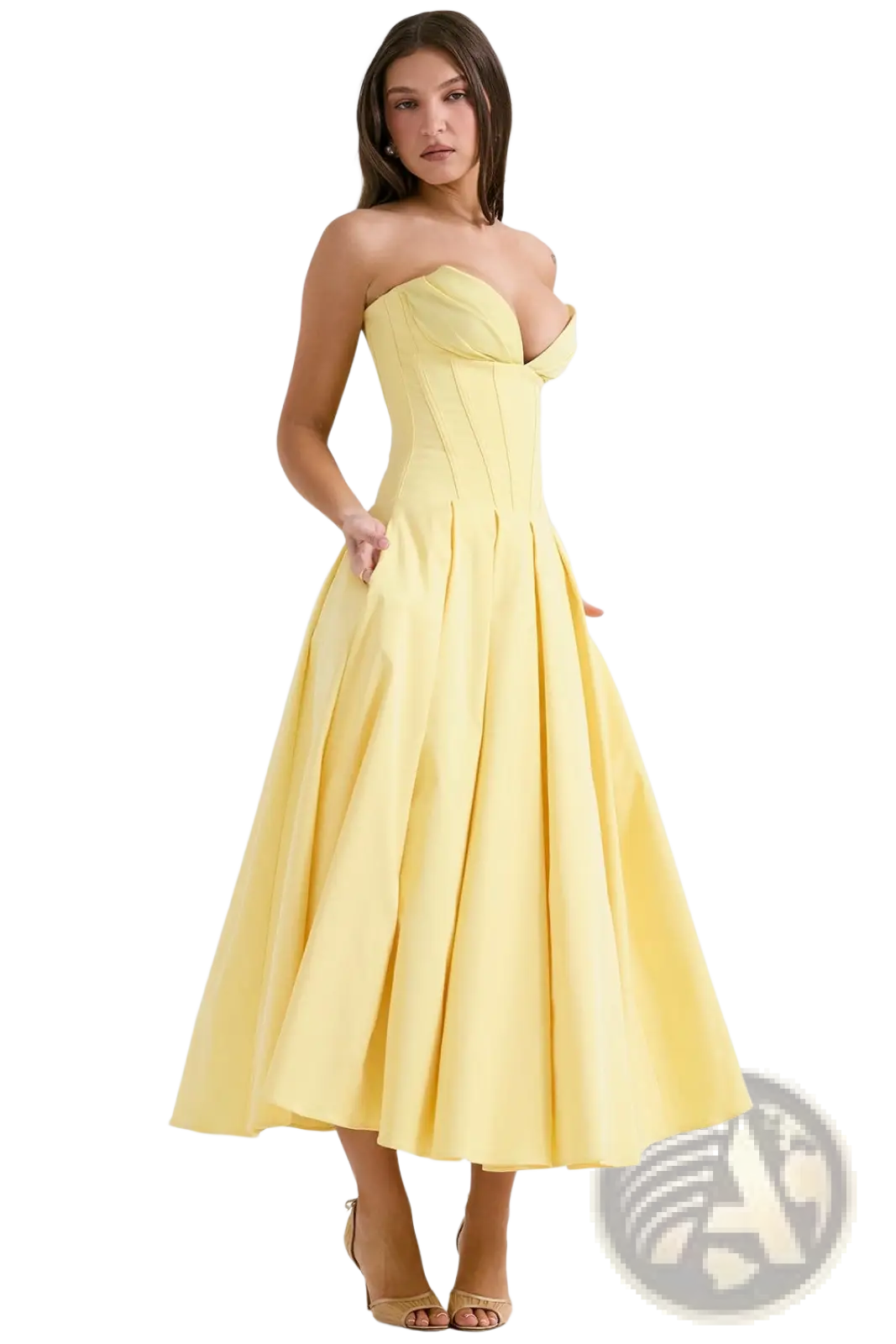 Elegant black strapless flared midi dress with structured bodice and flowing pleated pale yellow skirt