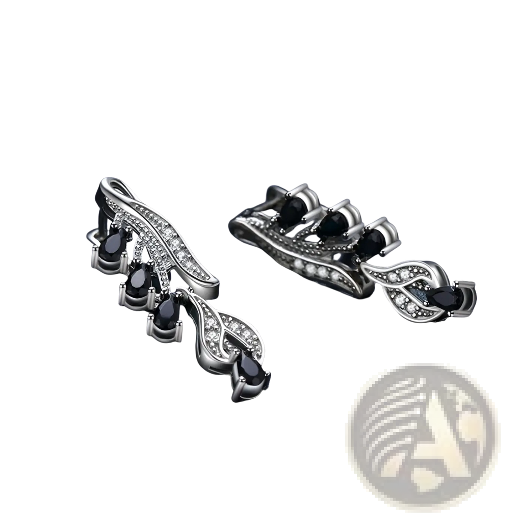 Elegant silver leaf-shaped clip-on earrings with black teardrop zircon stones and clear sparkling crystals