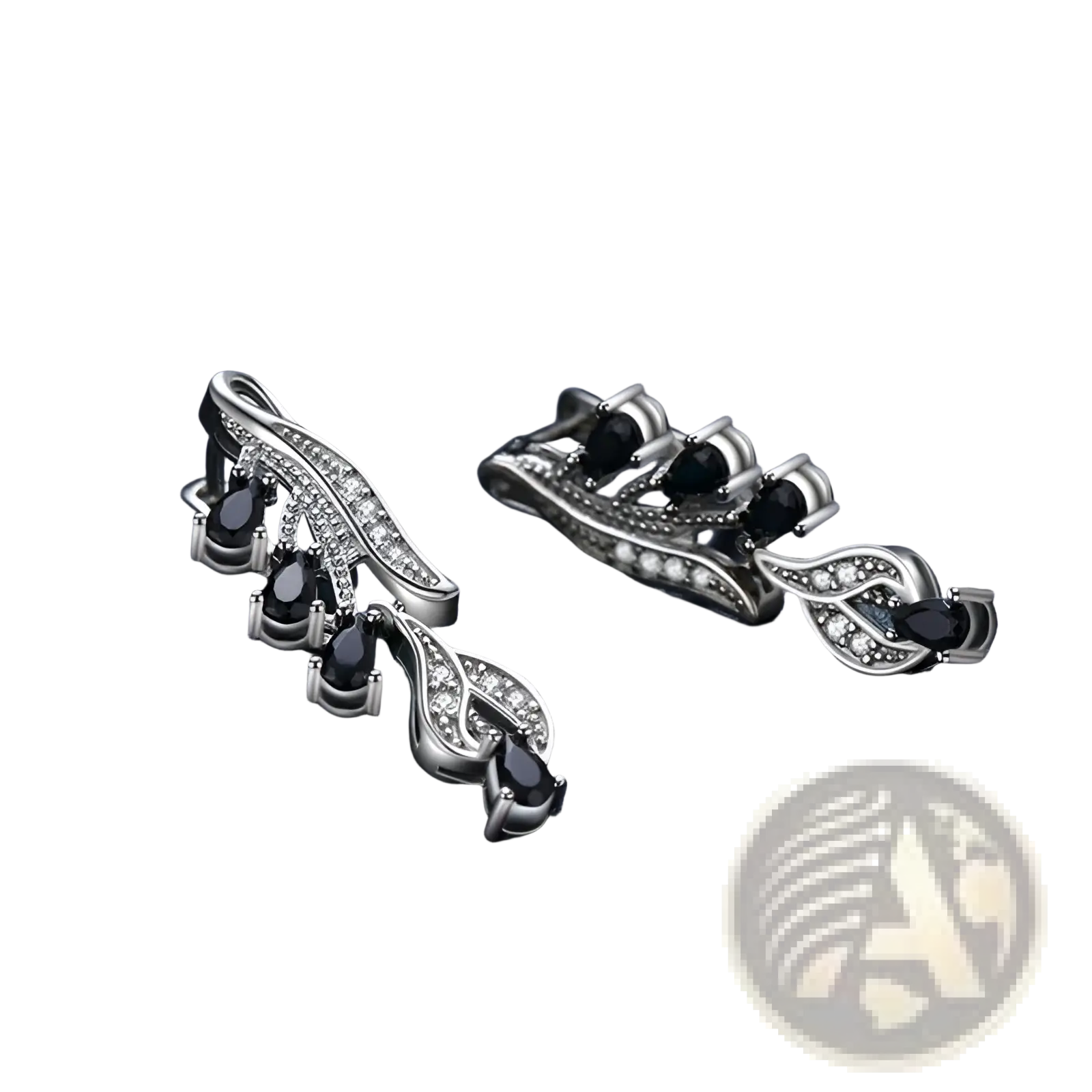 Elegant silver leaf-shaped clip-on earrings with black teardrop zircon stones and clear sparkling crystals