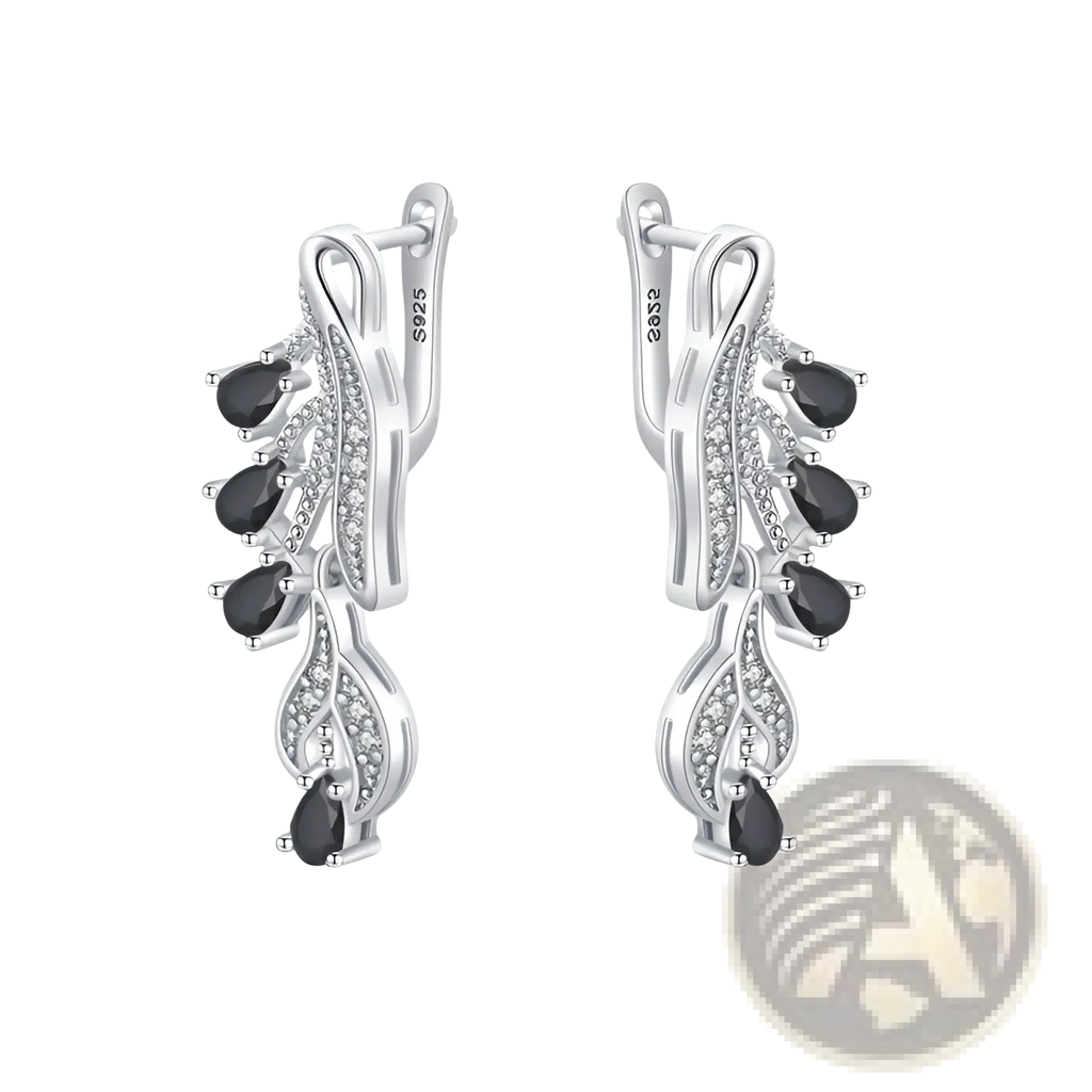 Elegant black teardrop zircon leaf stud earrings in silver with clear crystals and a leaf-inspired design