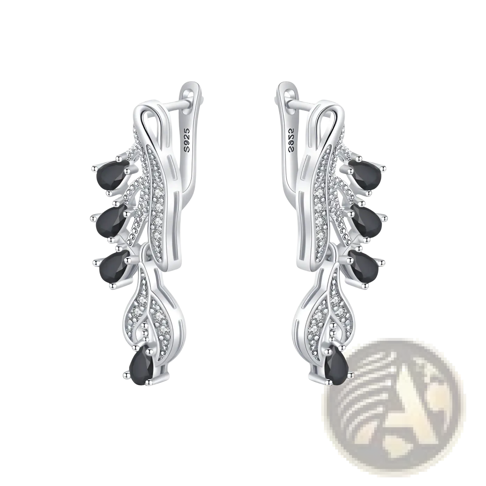 Elegant black teardrop zircon leaf stud earrings in silver with clear crystals and a leaf-inspired design