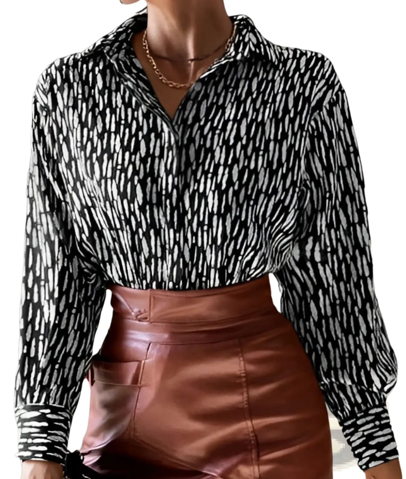 Elegant black and white patterned satin button up blouse with long sleeves and a collar shown from the front