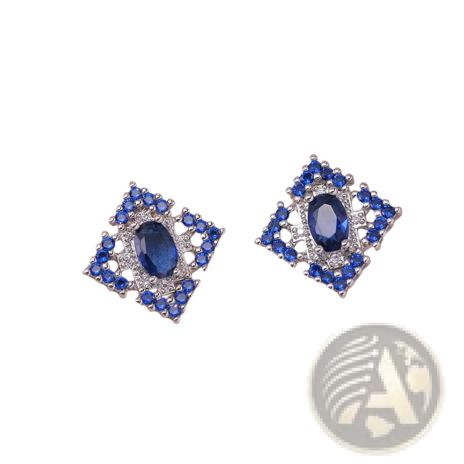 Elegant blue zircon flower jewelry set featuring blue sapphire and diamond stud earrings with geometric silver design