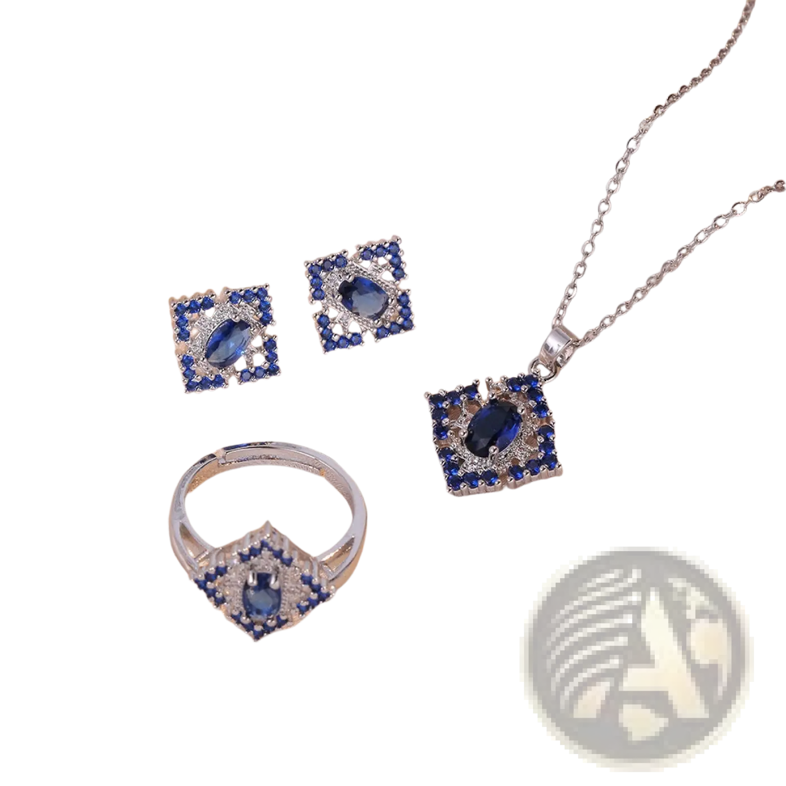 Elegant blue zircon flower jewelry set in silver tone featuring oval blue gemstones and clear stones with titanium chain