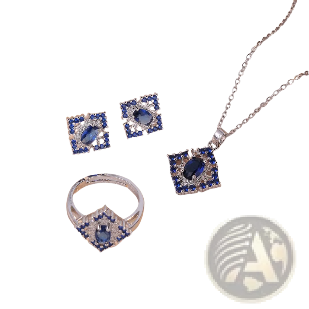Elegant blue zircon flower jewelry set in silver tone featuring oval blue gemstones and clear stones with titanium chain