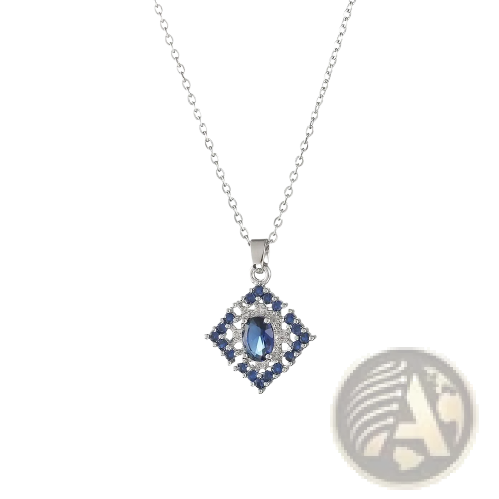 Silver necklace with diamond-encrusted oval blue zircon pendant and symmetrical smaller blue stones on titanium chain