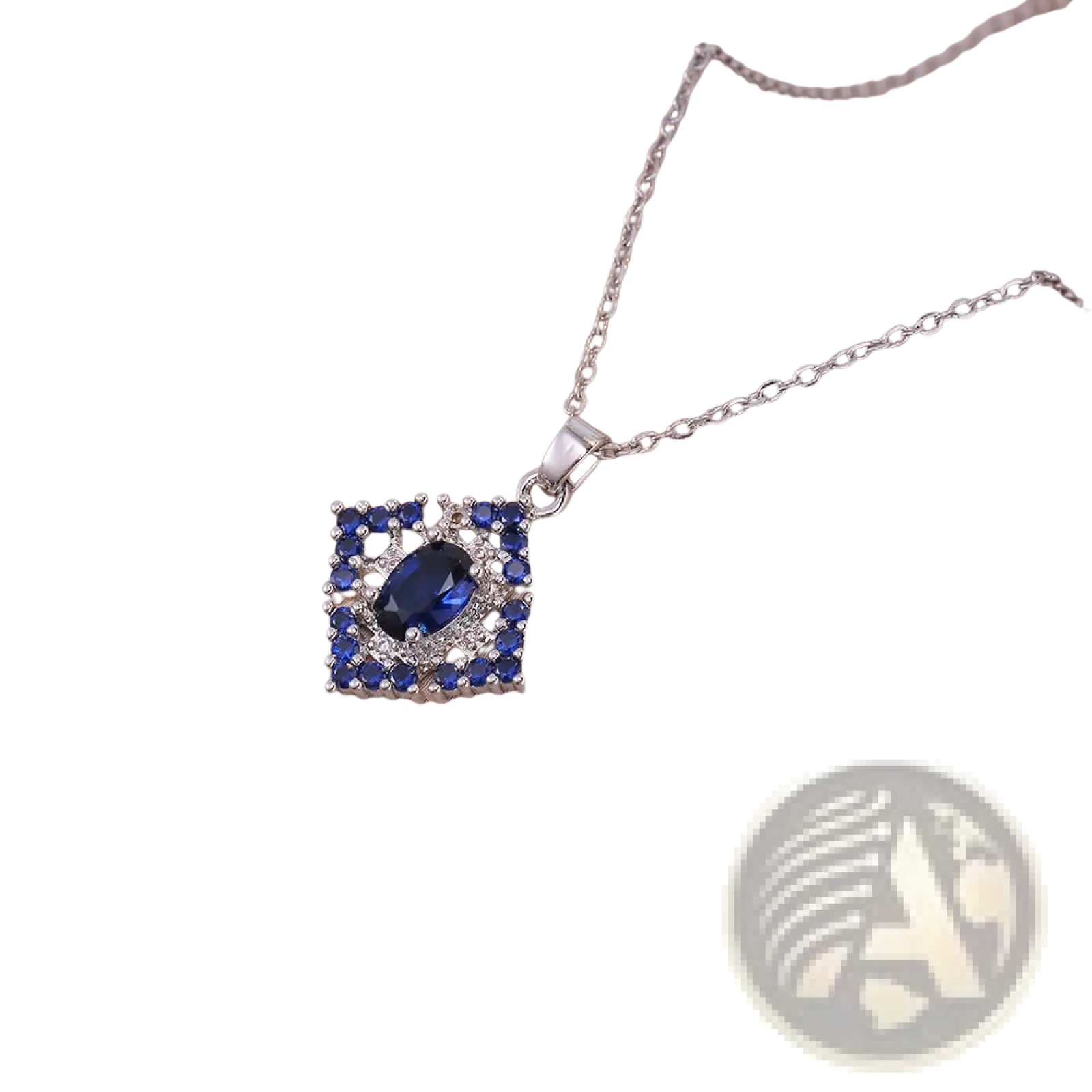 Elegant blue zircon flower silver pendant necklace with central oval sapphire and titanium chain in intricate design