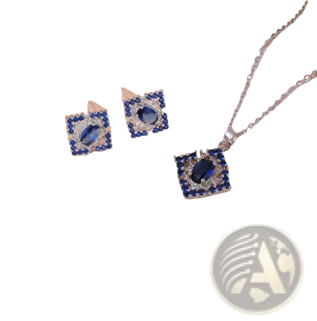 Elegant blue zircon flower jewelry set with silver square pendant, central oval blue gemstone, titanium chain, and matching earrings