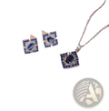 Elegant blue zircon flower jewelry set with silver square pendant, central oval blue gemstone, titanium chain, and matching earrings