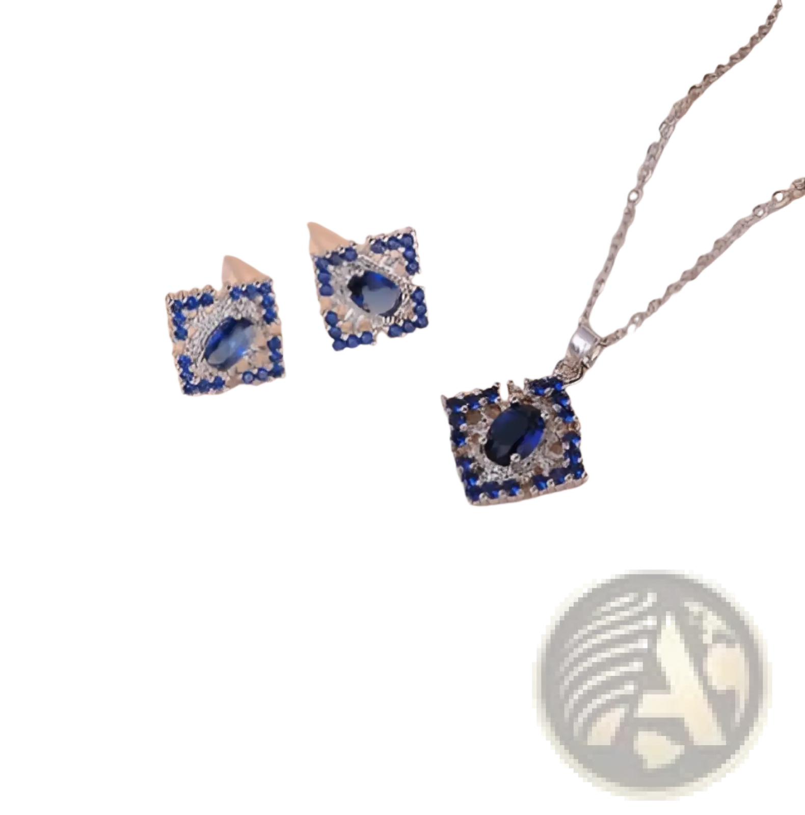 Elegant blue zircon flower jewelry set with silver square pendant, central oval blue gemstone, titanium chain, and matching earrings