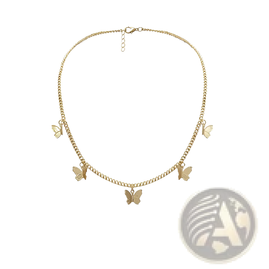 Elegant butterfly charm choker necklace in gold featuring a gold-toned chain with five delicate butterfly charms