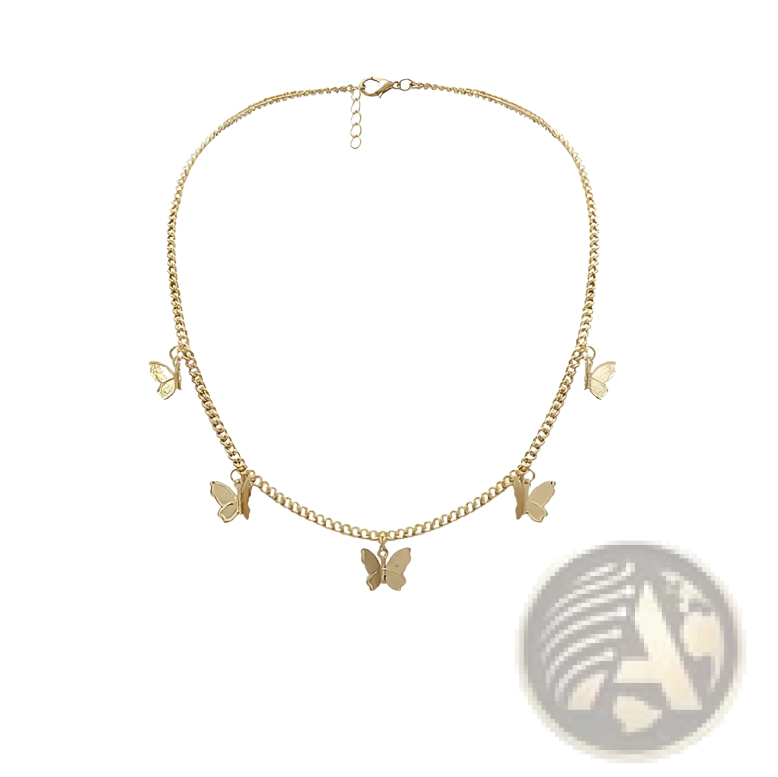 Elegant butterfly charm choker necklace in gold featuring a gold-toned chain with five delicate butterfly charms