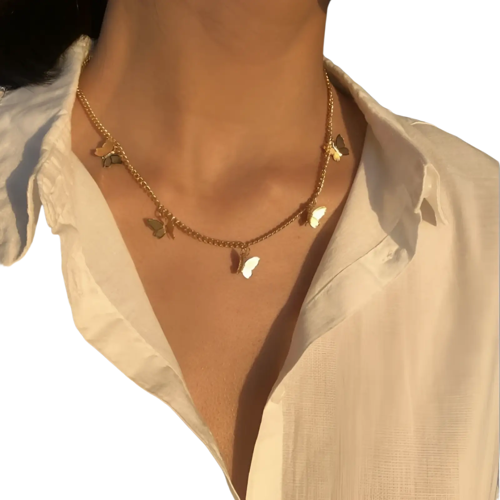 Elegant butterfly charm choker necklace in gold and silver with gold-toned butterflies and delicate metallic chain
