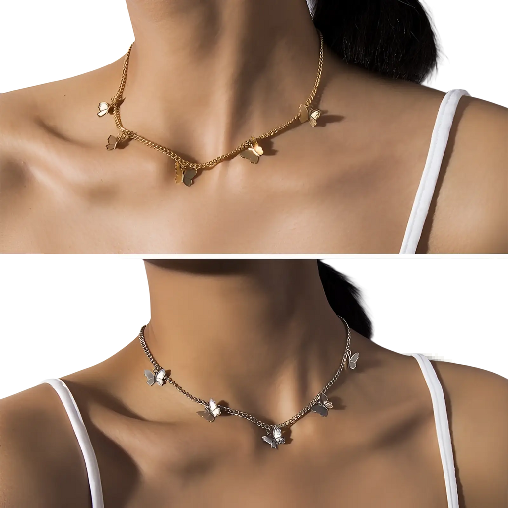 Elegant butterfly charm choker necklace featuring gold and silver delicate chain links for a stylish look