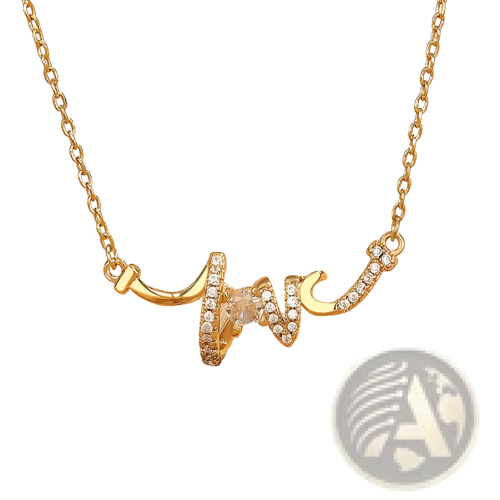 Gold-toned elegant cursive love pendant necklace with heart-shaped clear crystals and intricate flowing design