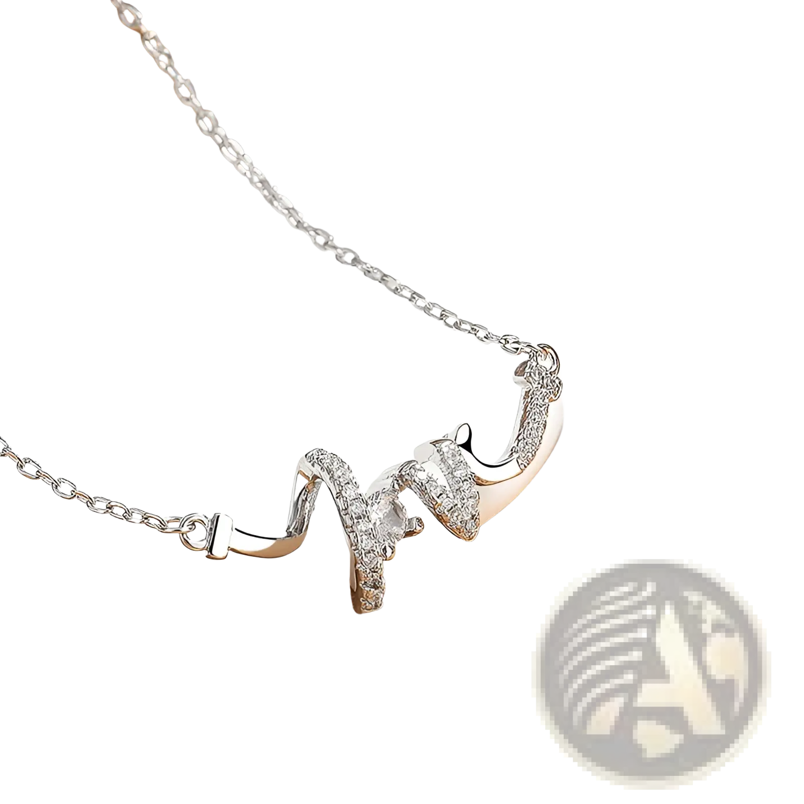 Silver elegant cursive love pendant necklace with a delicate chain and ornate wave-shaped pendant adorned with clear stones