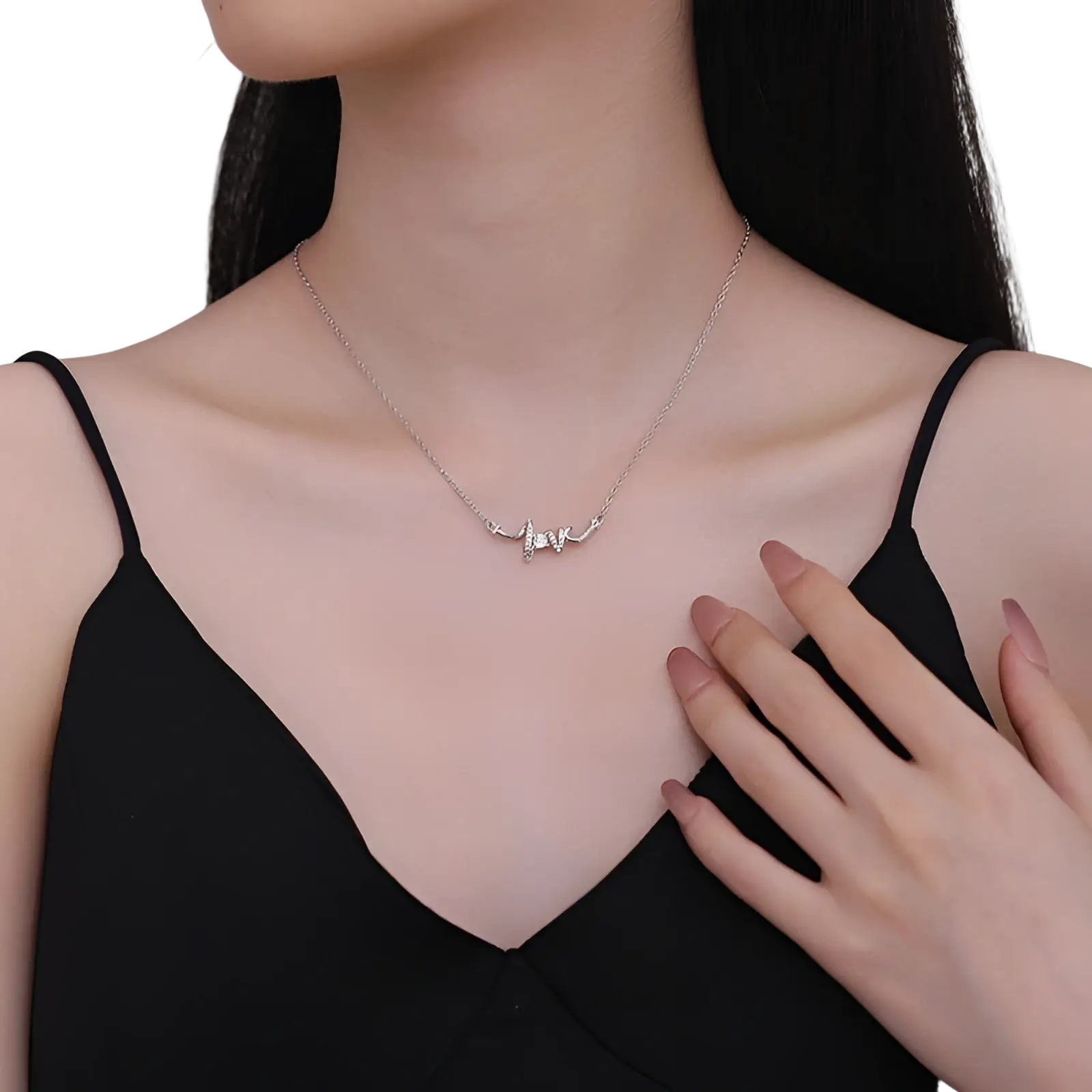 Elegant cursive love pendant necklace in silver featuring a delicate chain and sparkling crystal embedded pendant