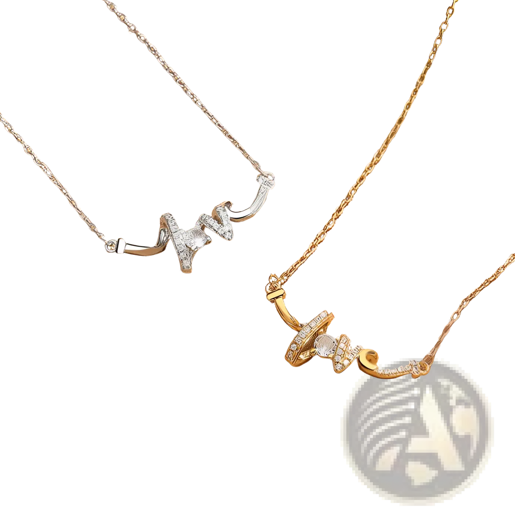 Two elegant cursive love pendant necklaces in gold and silver with sparkling clear stones on delicate chains
