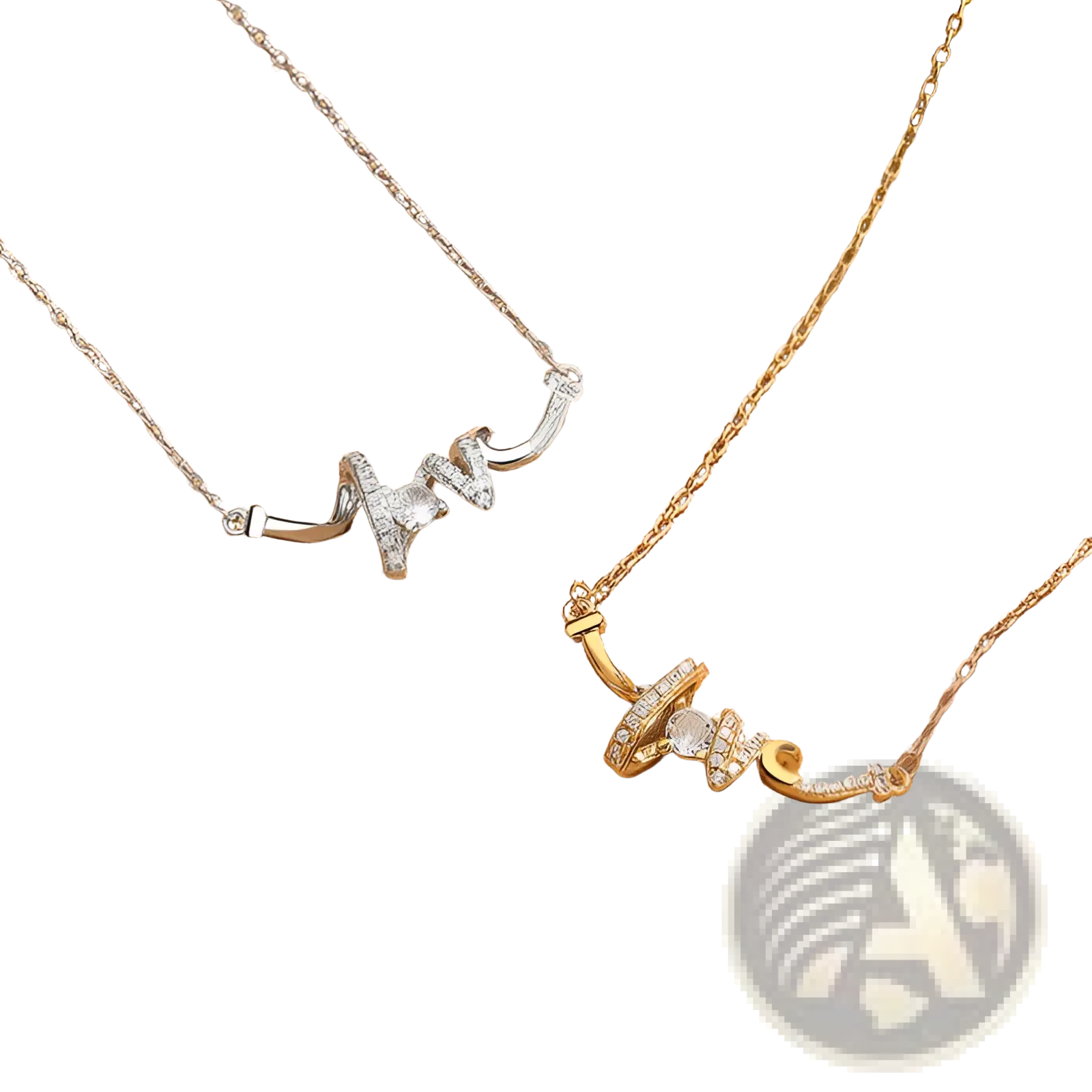 Two elegant cursive love pendant necklaces in gold and silver with sparkling clear stones on delicate chains