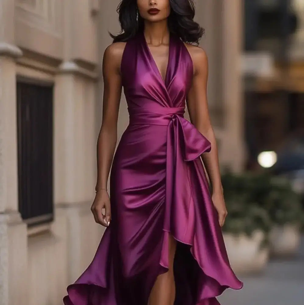 A deep v-neck shimmering purple satin halter evening gown with draped waist and asymmetrical hem