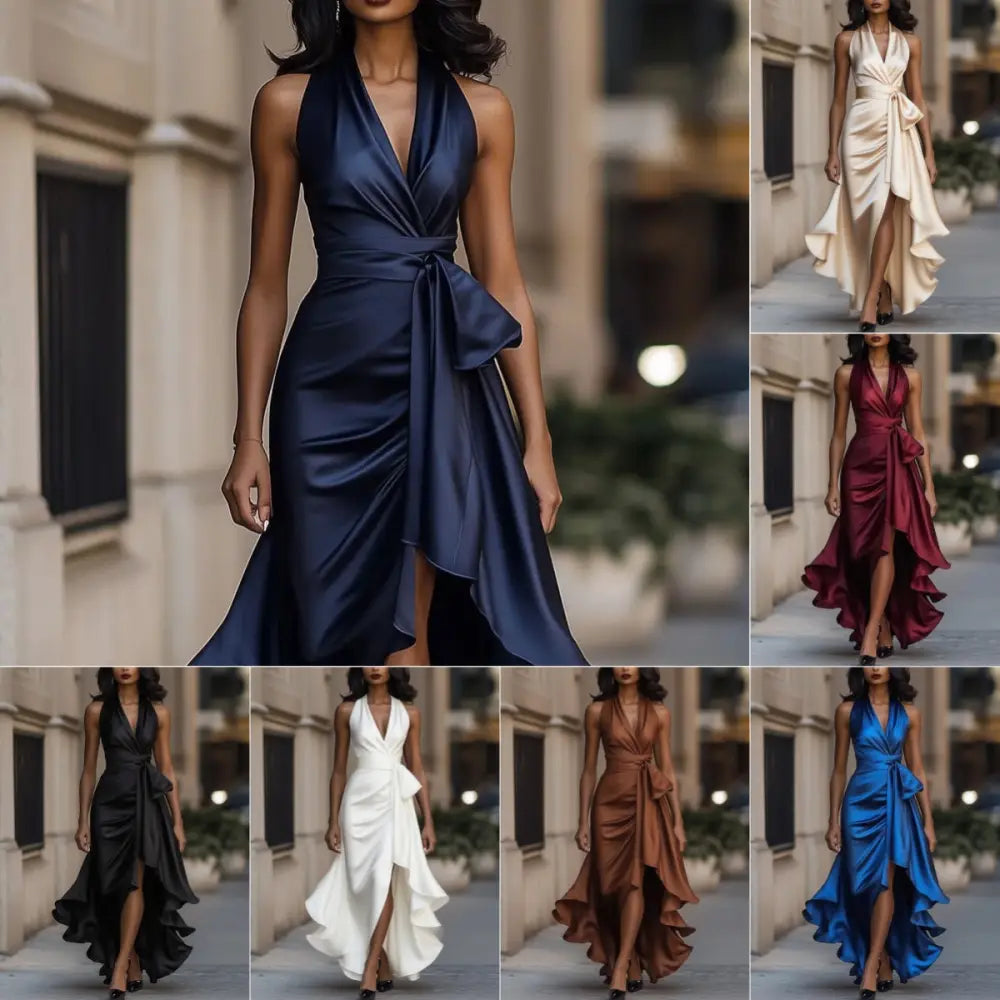 A sleek navy satin deep V-neck halter evening gown with ruffled details, draped waist, and a high slit