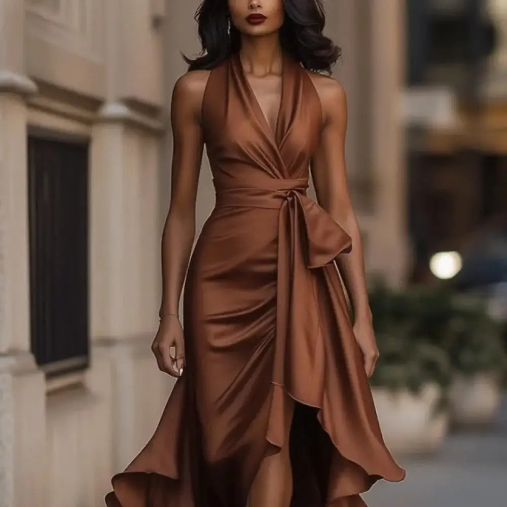 A sleek brown satin halter neck evening gown with deep v neck draped waist and asymmetrical hemline