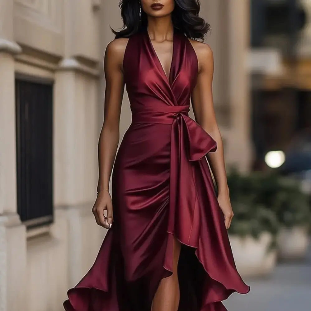A sleek satin burgundy deep v-neck halter evening gown with a draped waist and asymmetrical hemline