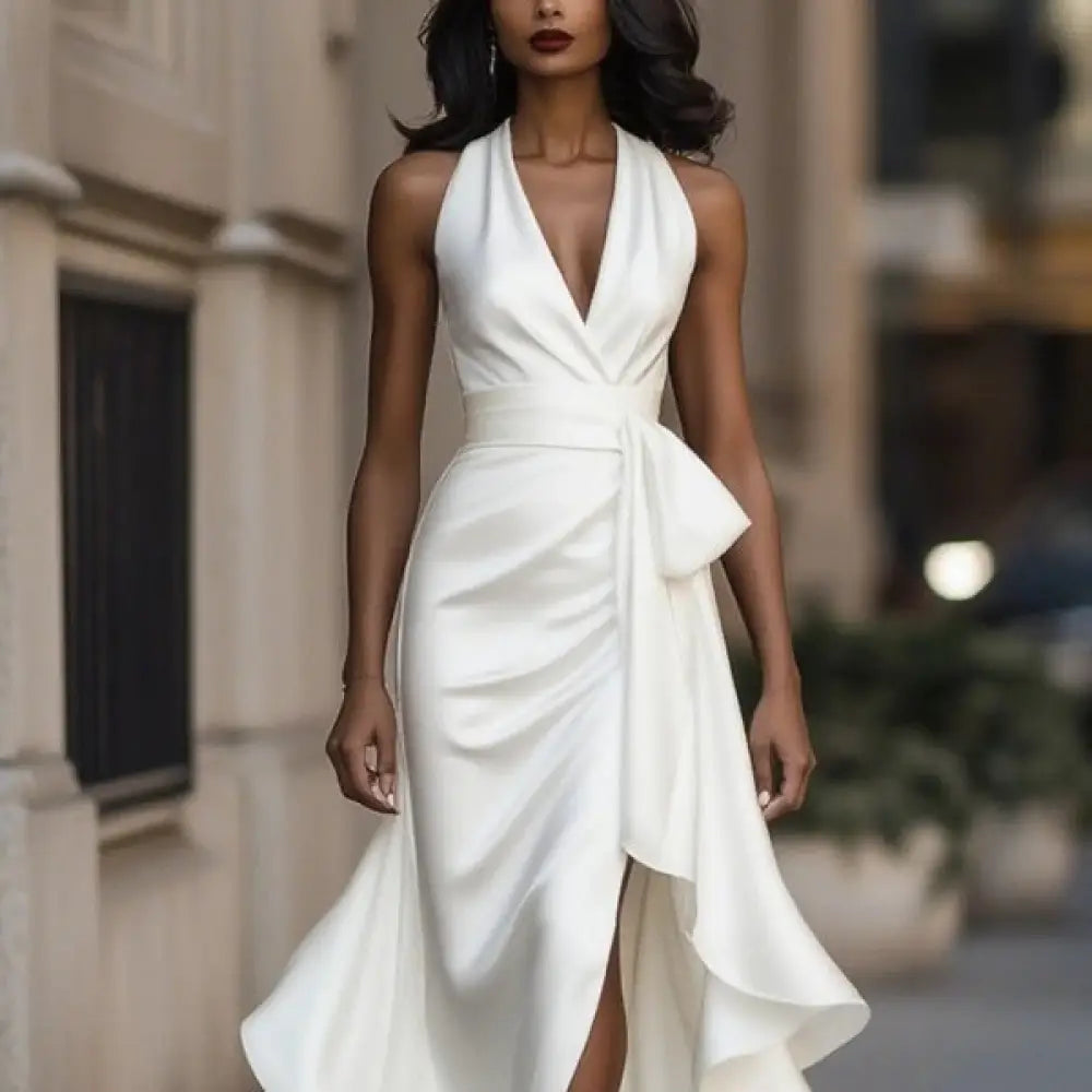 Elegant white satin deep v-neck ruffled halter evening gown with draped waist and asymmetrical hem