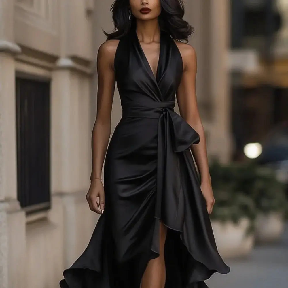 Elegant black satin deep V-neck halter evening gown with ruffled neckline, draped waist, and asymmetrical hem