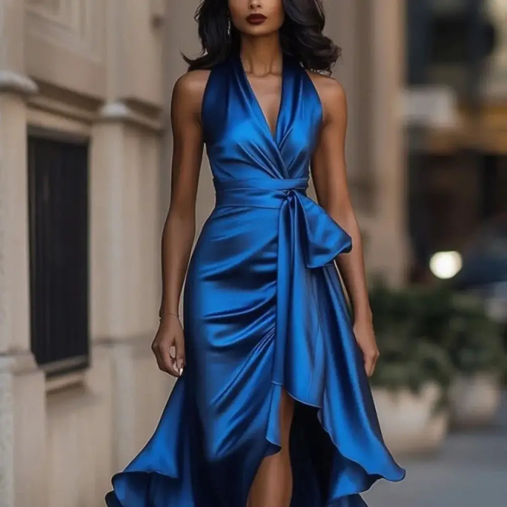 Deep v-neck satin ruffled halter evening gown in royal blue with draped waist and asymmetrical hemline