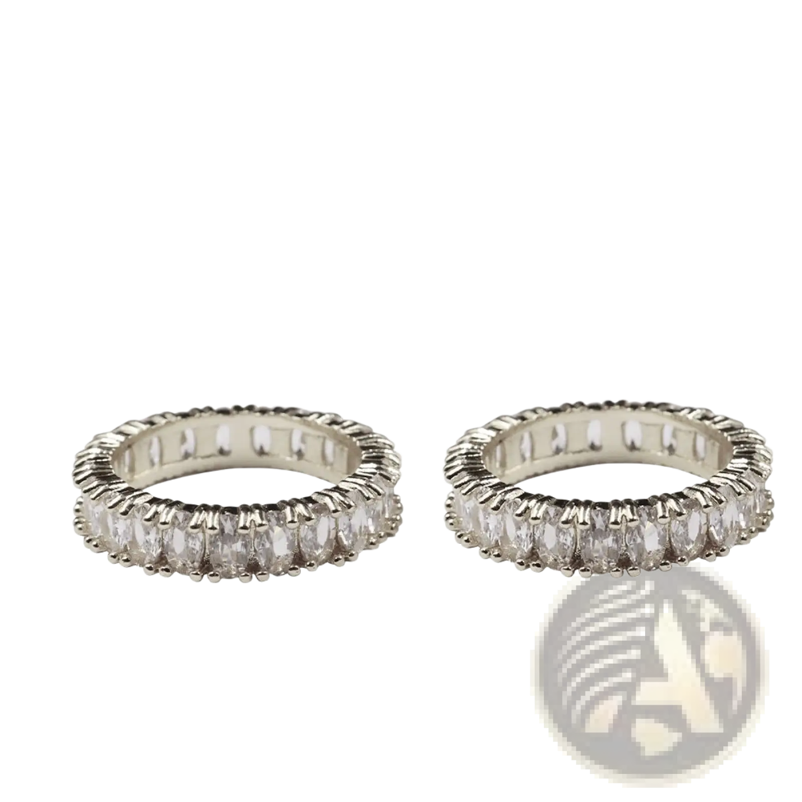 Silver eternity band rings with clear faceted stones in an intricate textured metal design from elegant eternity collection
