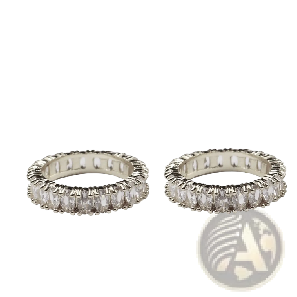 Silver eternity band rings with clear faceted stones in an intricate textured metal design from elegant eternity collection