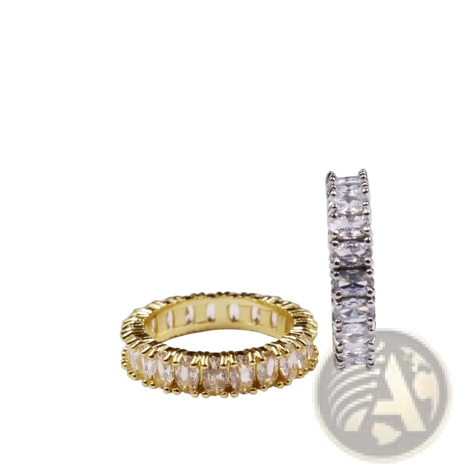 Gold and silver eternity band rings with elongated faceted clear stones in continuous bezel design from elegant eternity collection